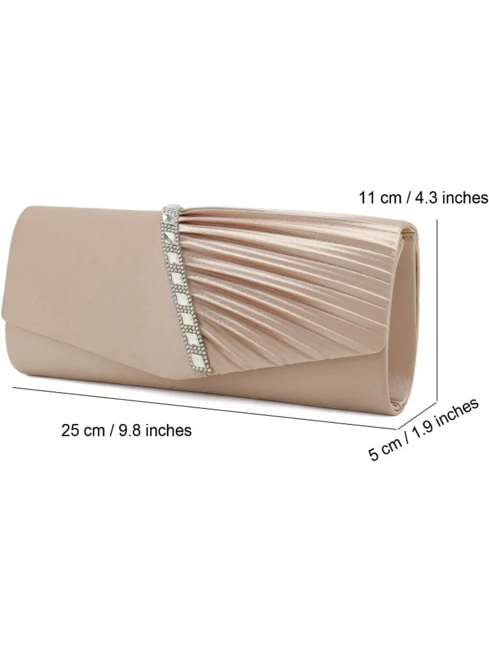 Women's Champagne Crystal Embellished Pleated Satin Clutch Purse For Evening Bag